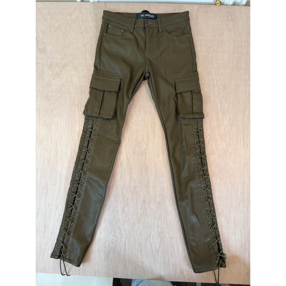 Valabasas Olive Green Faux Leather Cargo Pants Corset Tie Leg Mens 32